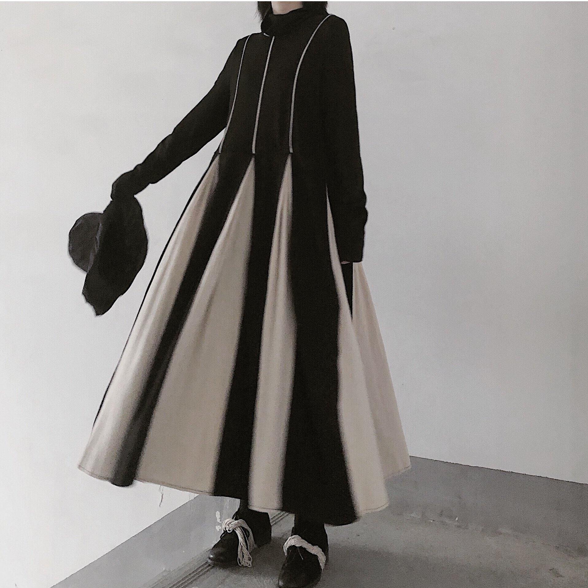 Style Black Clothes For Women High Neck Patchwork A Line Dresses - SooLinen