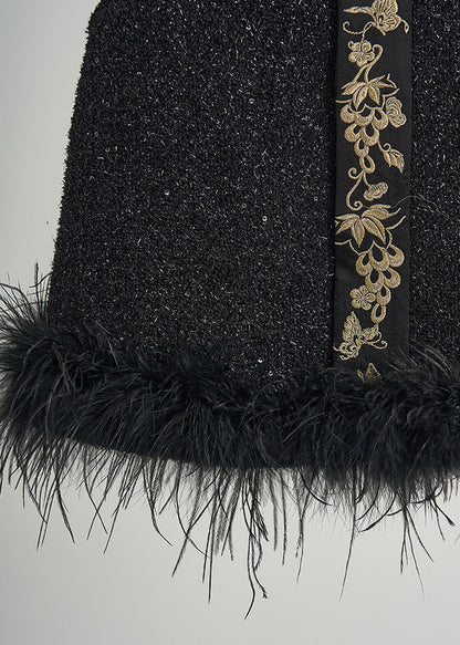 Style Black Embroidered Patchwork Feather Woolen Vests Fall