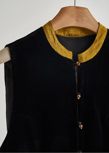 Style Black Embroidered Patchwork Silk Velour Vests Sleeveless