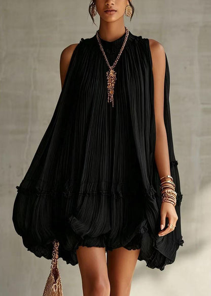 Style Black Halter Wrinkled Wide Swing Dress Sleeveless