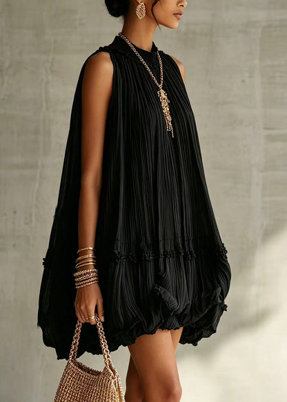 Style Black Halter Wrinkled Wide Swing Dress Sleeveless