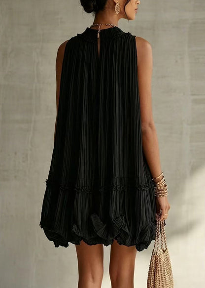 Style Black Halter Wrinkled Wide Swing Dress Sleeveless