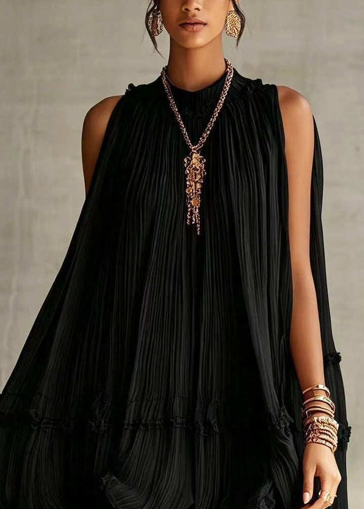 Style Black Halter Wrinkled Wide Swing Dress Sleeveless