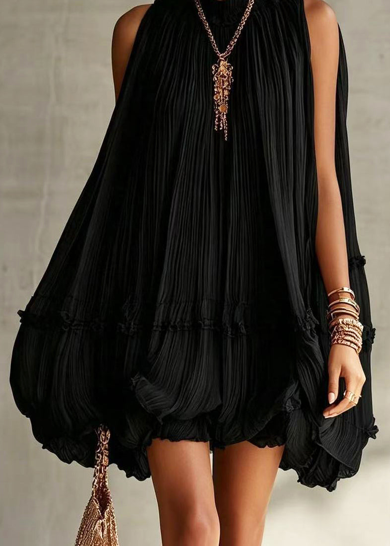 Style Black Halter Wrinkled Wide Swing Dress Sleeveless