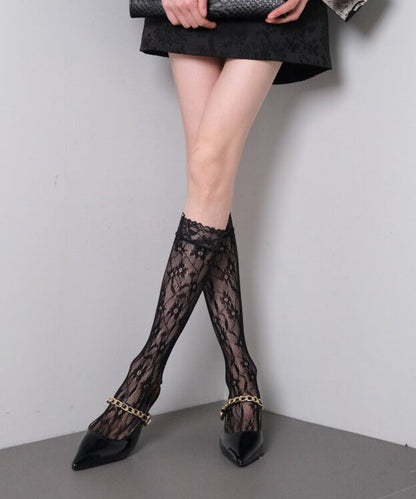 Style Black Hollow Out Lace Jacquard Over The Calf Socks