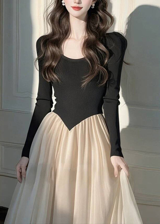 Style Black Long Dress Wrinkled Patchwork Long Knit Dress Long Sleeve