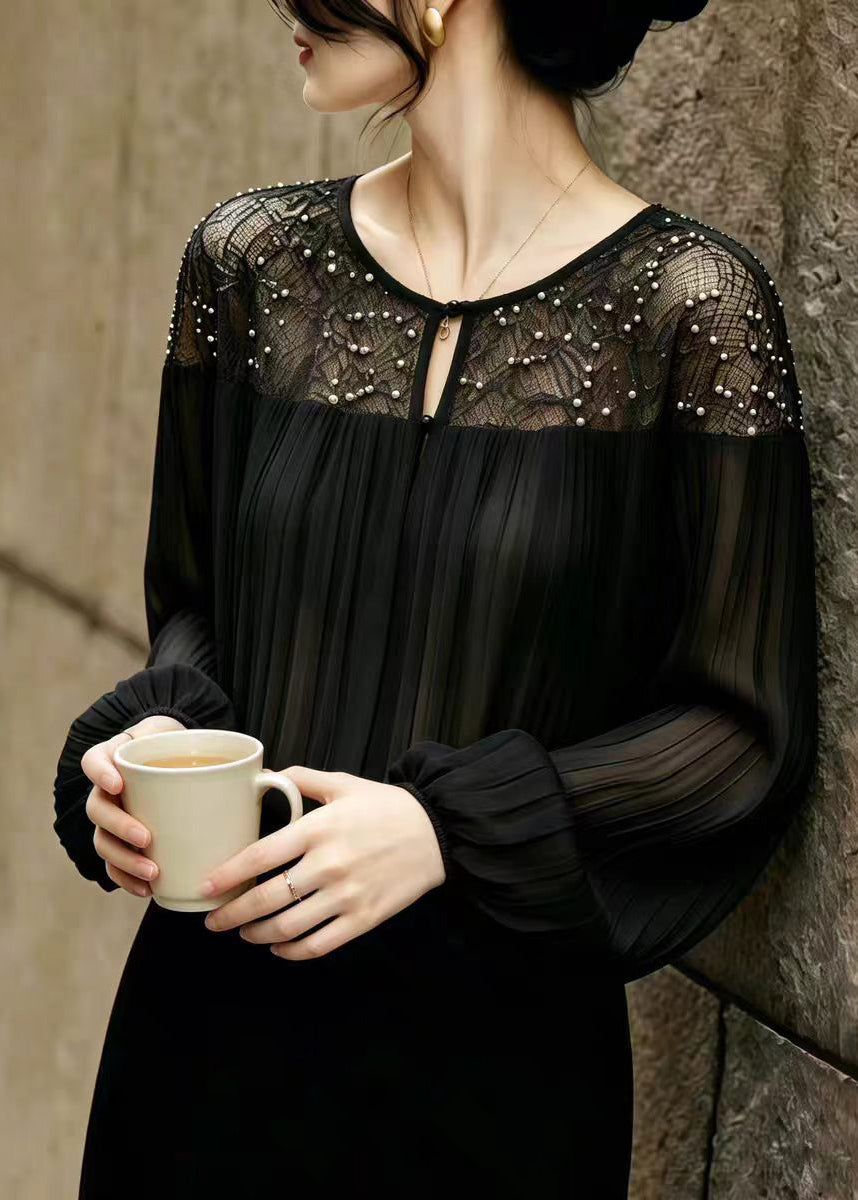 Style Black Nail Bead Patchwork Lace Chiffon Pleated Tops Summer