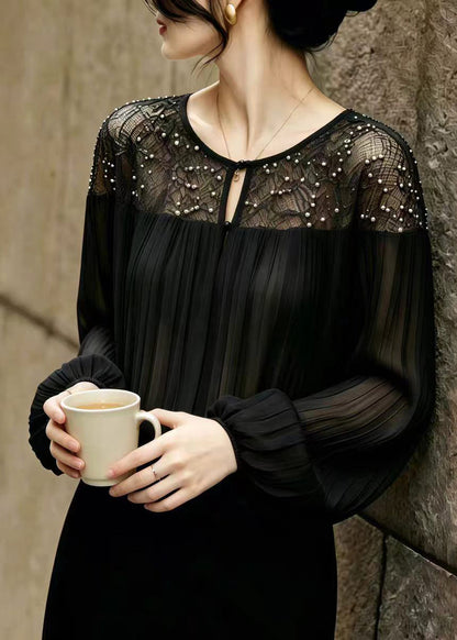 Style Black Nail Bead Patchwork Lace Chiffon Pleated Tops Summer