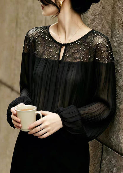 Style Black Nail Bead Patchwork Lace Chiffon Pleated Tops Summer