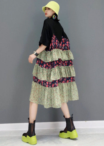 Style Black O-Neck Layered Patchwork Ruffles Cotton Robe Dresses Short Sleeve
