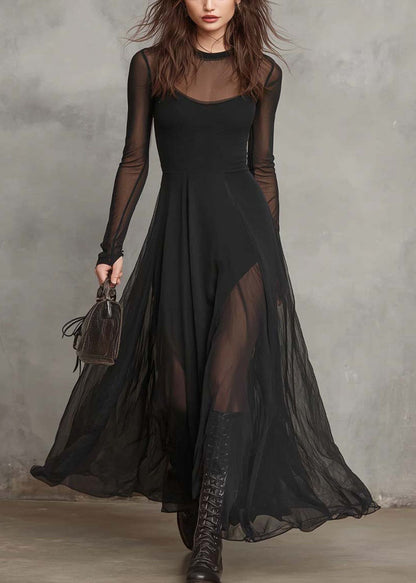 Style Black O Neck Patchwork Exra Large Hem Chiffon Dress Summer