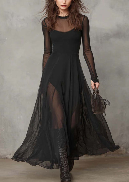 Style Black O Neck Patchwork Exra Large Hem Chiffon Dress Summer