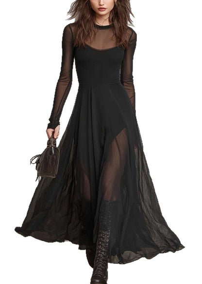 Style Black O Neck Patchwork Exra Large Hem Chiffon Dress Summer