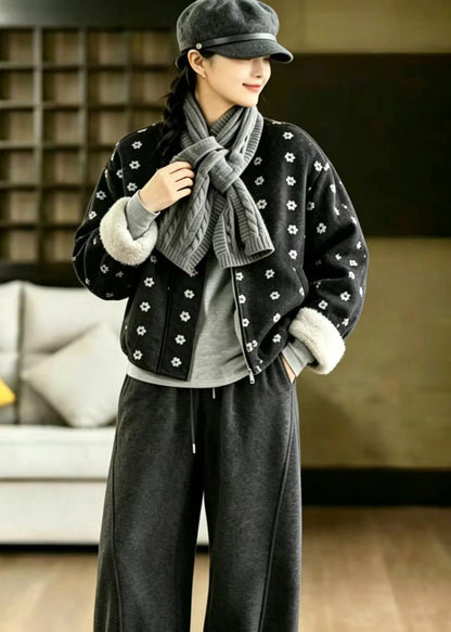 Style Black O-Neck Print With Scarf Woolen Furry Lining Jacket Winter