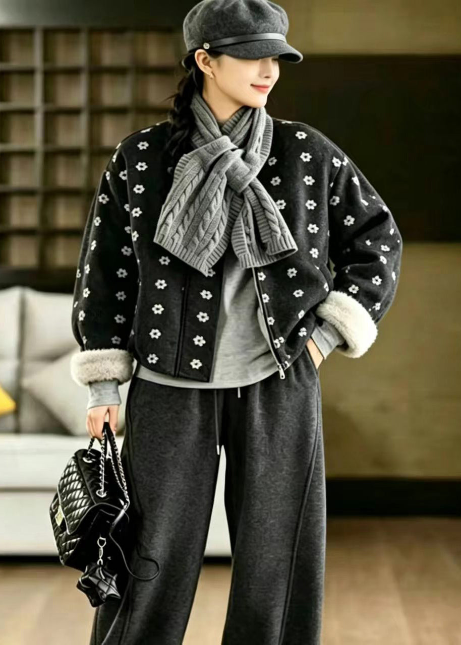 Style Black O-Neck Print With Scarf Woolen Furry Lining Jacket Winter