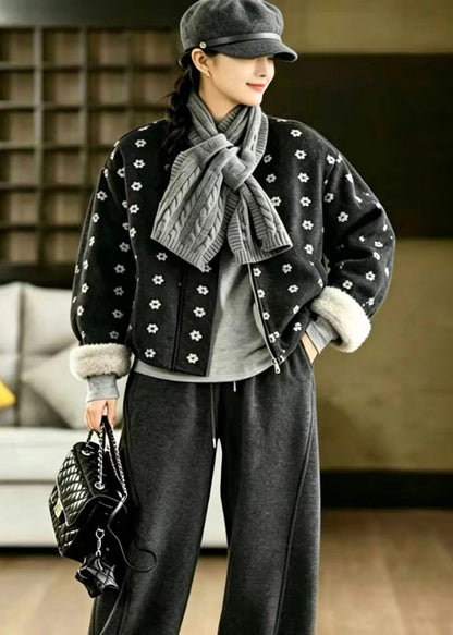 Style Black O-Neck Print With Scarf Woolen Furry Lining Jacket Winter