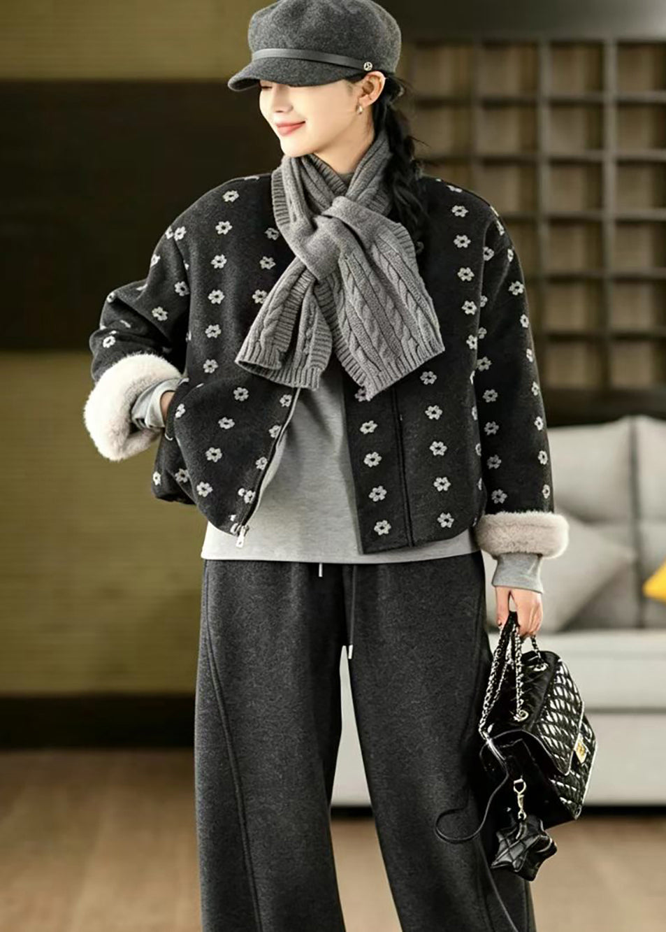 Style Black O-Neck Print With Scarf Woolen Furry Lining Jacket Winter