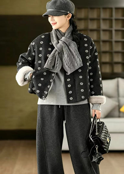 Style Black O-Neck Print With Scarf Woolen Furry Lining Jacket Winter