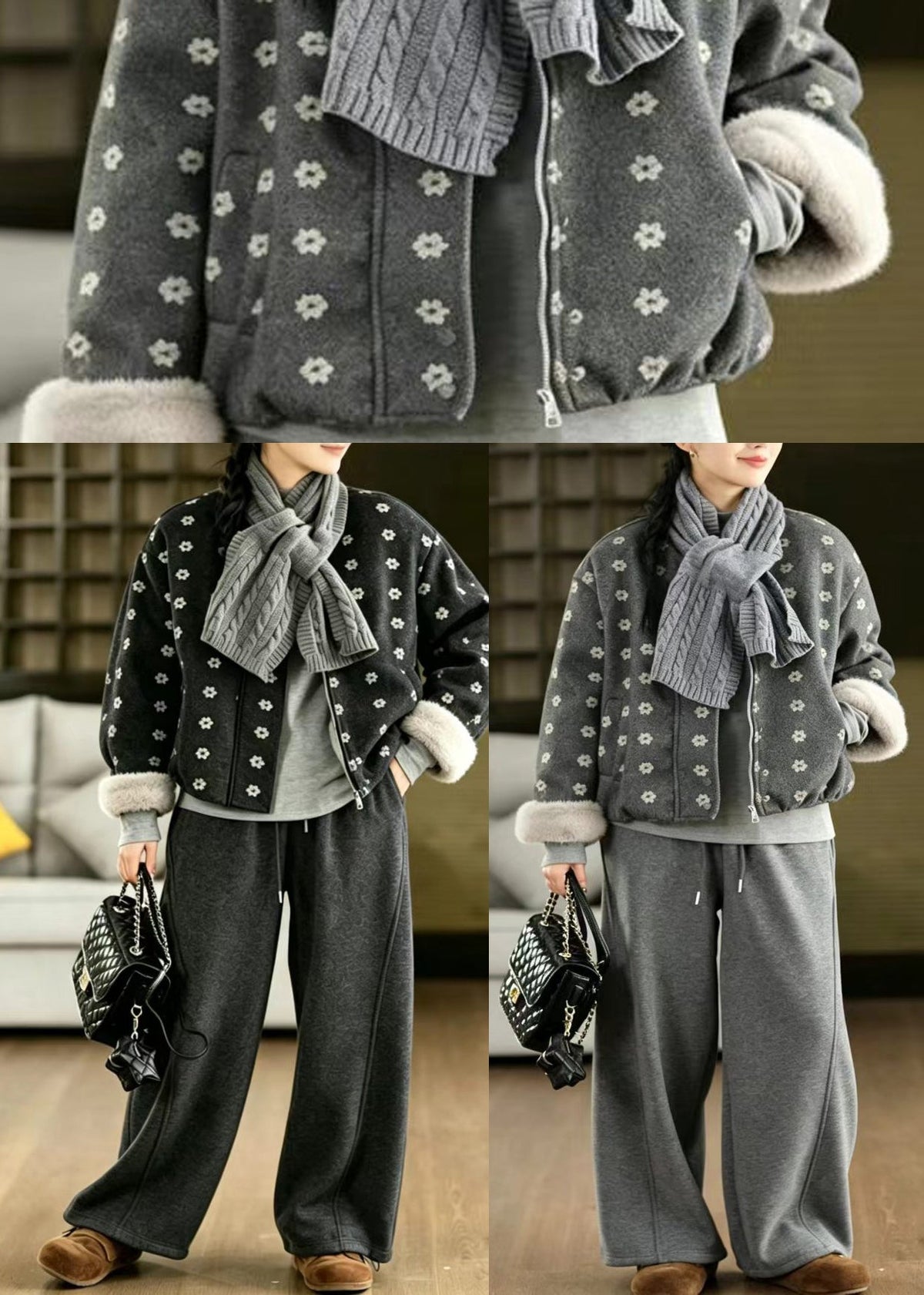 Style Black O-Neck Print With Scarf Woolen Furry Lining Jacket Winter