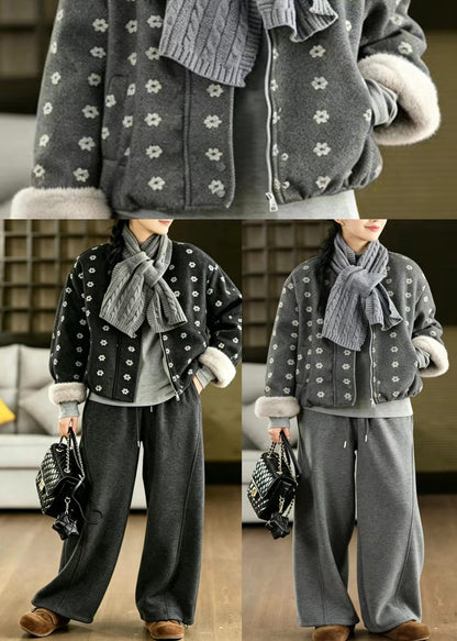 Style Black O-Neck Print With Scarf Woolen Furry Lining Jacket Winter