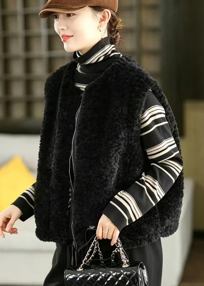 Style Black O-Neck Zip Up Teddy Faux Fur Waistcoat Winter