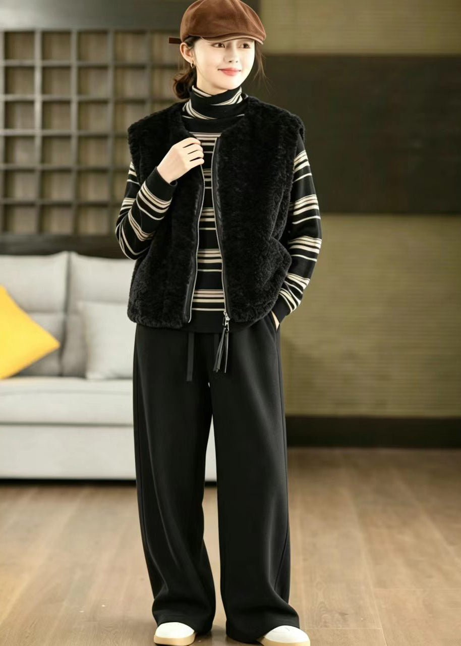 Style Black O-Neck Zip Up Teddy Faux Fur Waistcoat Winter