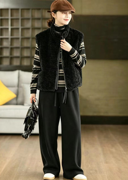 Style Black O-Neck Zip Up Teddy Faux Fur Waistcoat Winter