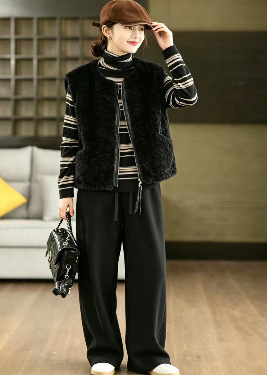 Style Black O-Neck Zip Up Teddy Faux Fur Waistcoat Winter