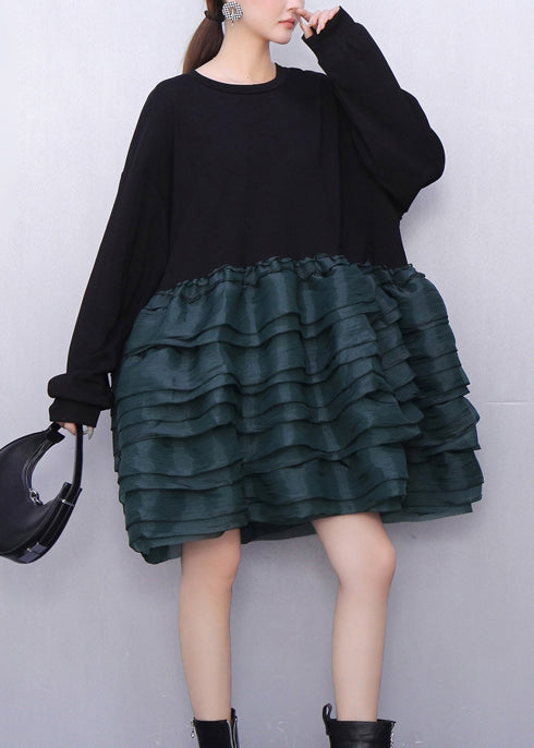 Style Black Oversized Patchwork Cotton Mid Dress Spring