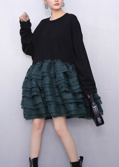 Style Black Oversized Patchwork Cotton Mid Dress Spring