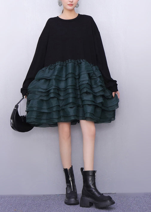 Style Black Oversized Patchwork Cotton Mid Dress Spring