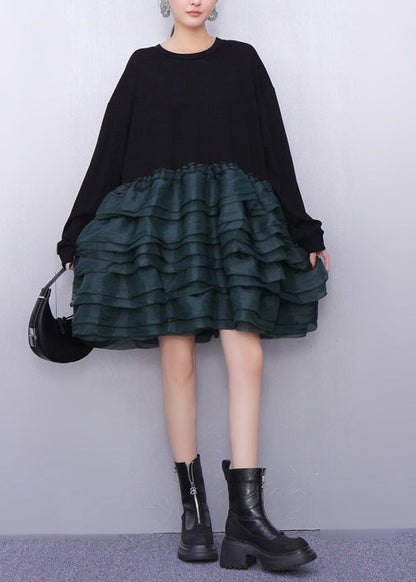 Style Black Oversized Patchwork Cotton Mid Dress Spring