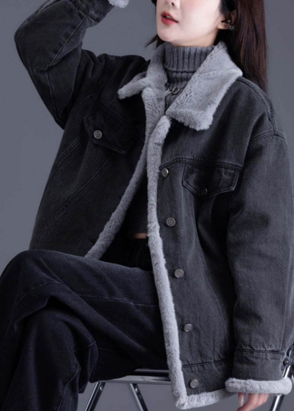 Style Black Oversized Pockets Warm Fleece Jackets Winter