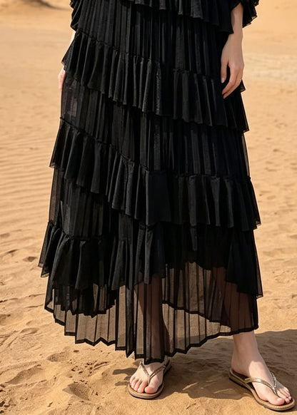 Style Black Oversized Ruffles Chiffon Holiday Dresses Summer