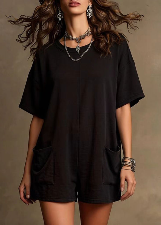 Style Black Oversized With Pockets Cotton Shorts Jumpsuits Summer