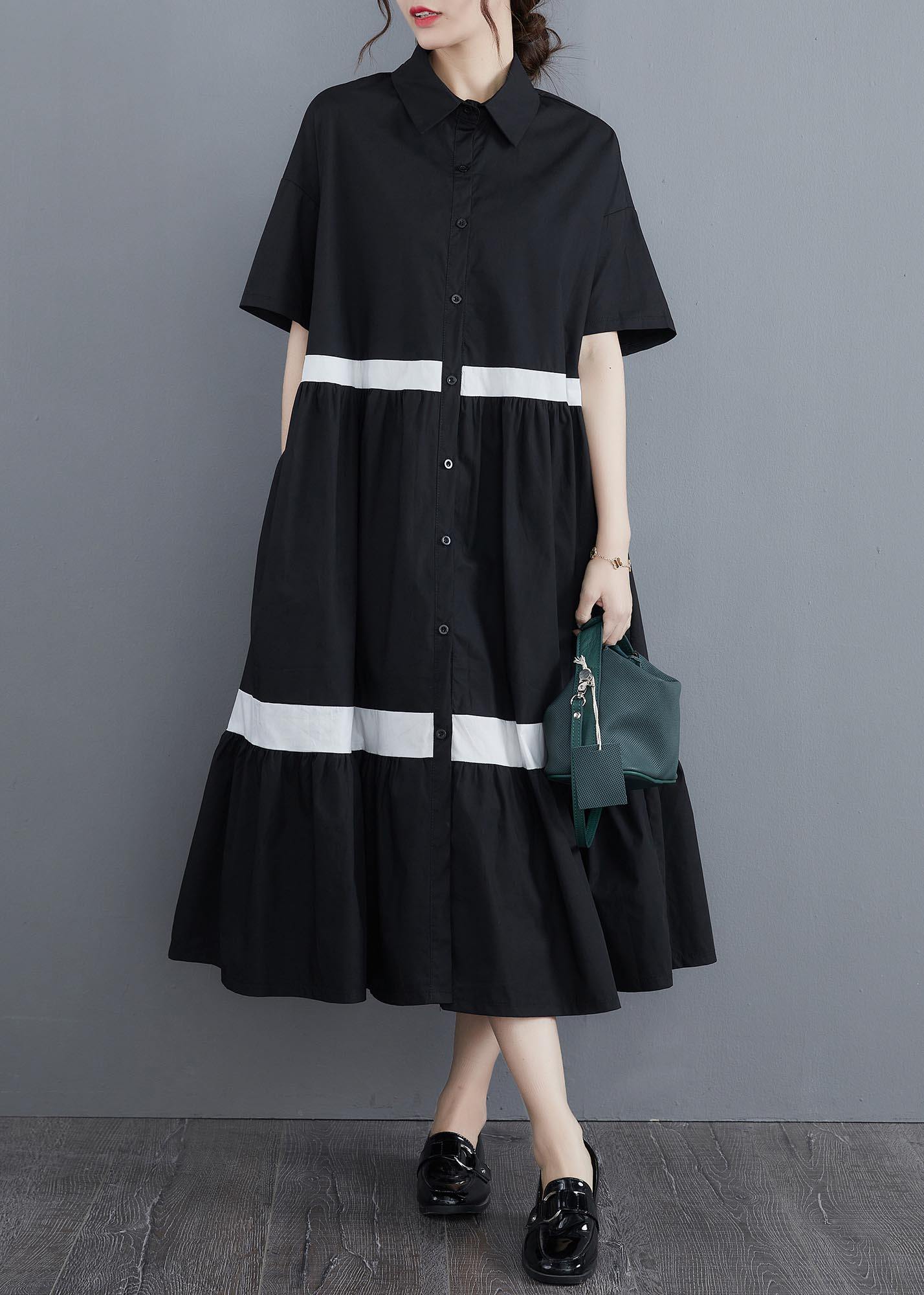 Style Black Patchwork Cotton Button Summer Vacation Dresses - SooLinen