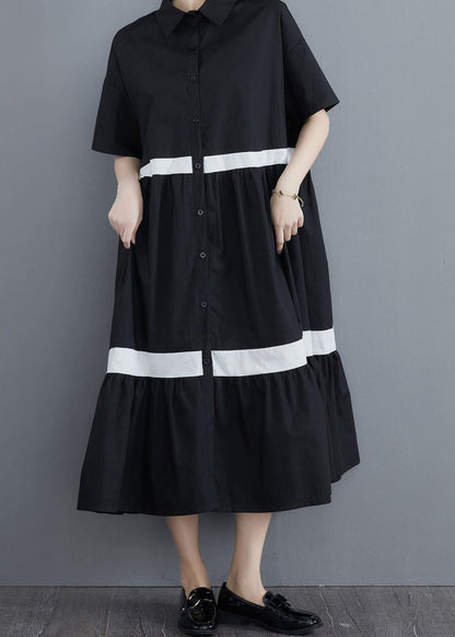 Style Black Patchwork Cotton Button Summer Vacation Dresses - SooLinen