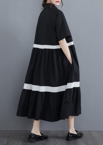 Style Black Patchwork Cotton Button Summer Vacation Dresses - SooLinen