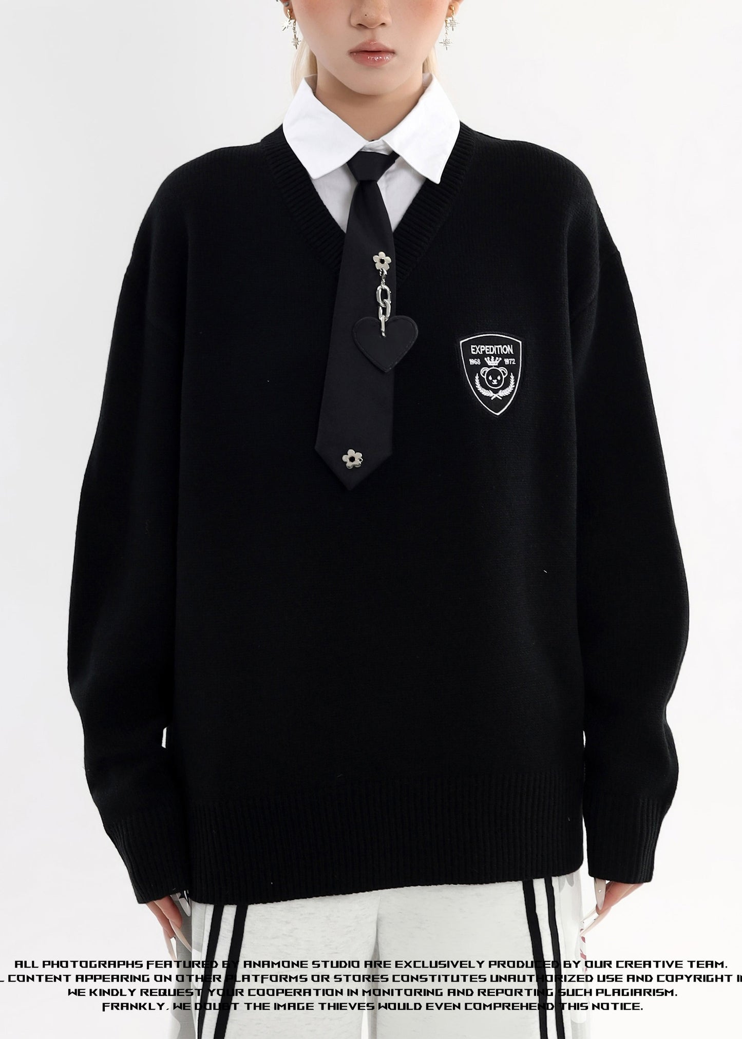 Style Black Peter Pan Collar Patchwork Knit Fake Two Piece Shirts Winter