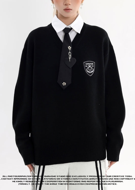 Style Black Peter Pan Collar Patchwork Knit Fake Two Piece Shirts Winter