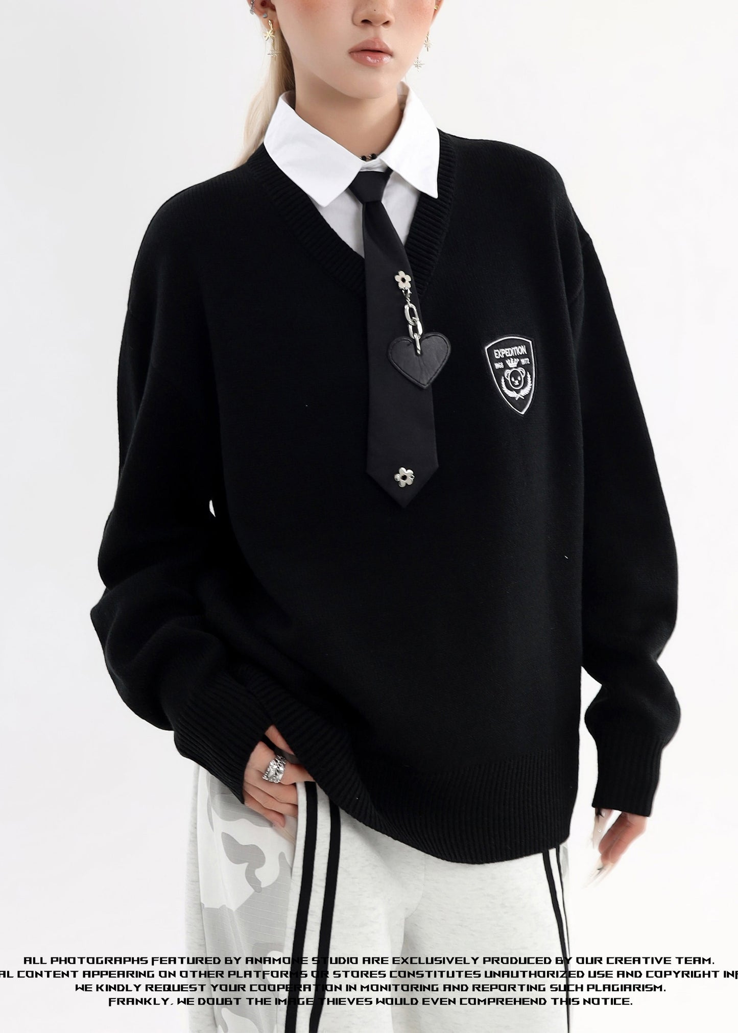 Style Black Peter Pan Collar Patchwork Knit Fake Two Piece Shirts Winter