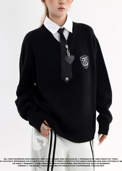 Style Black Peter Pan Collar Patchwork Knit Fake Two Piece Shirts Winter