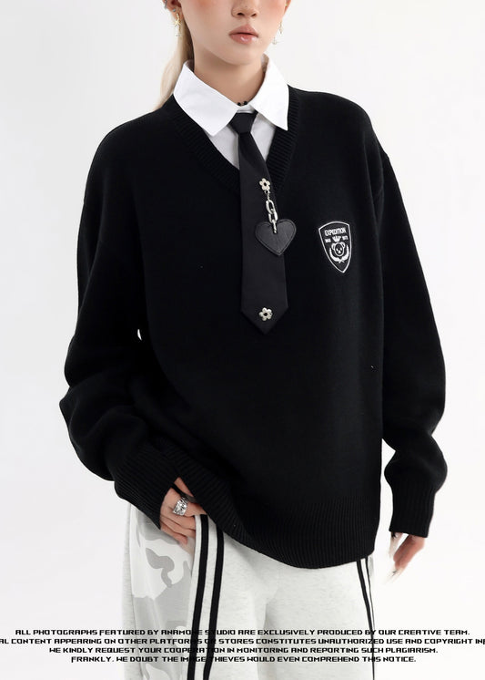 Style Black Peter Pan Collar Patchwork Knit Fake Two Piece Shirts Winter