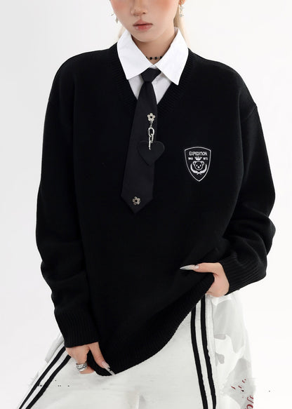 Style Black Peter Pan Collar Patchwork Knit Fake Two Piece Shirts Winter