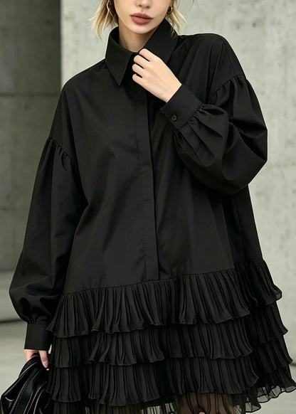 Style Black Peter Pan Collar Ruffled Patchwork Cotton Shirts Dresses Fall