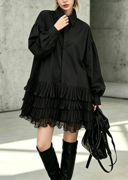 Style Black Peter Pan Collar Ruffled Patchwork Cotton Shirts Dresses Fall