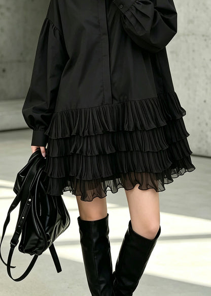 Style Black Peter Pan Collar Ruffled Patchwork Cotton Shirts Dresses Fall