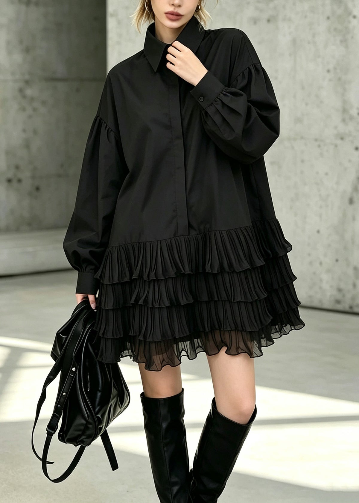 Style Black Peter Pan Collar Ruffled Patchwork Cotton Shirts Dresses Fall