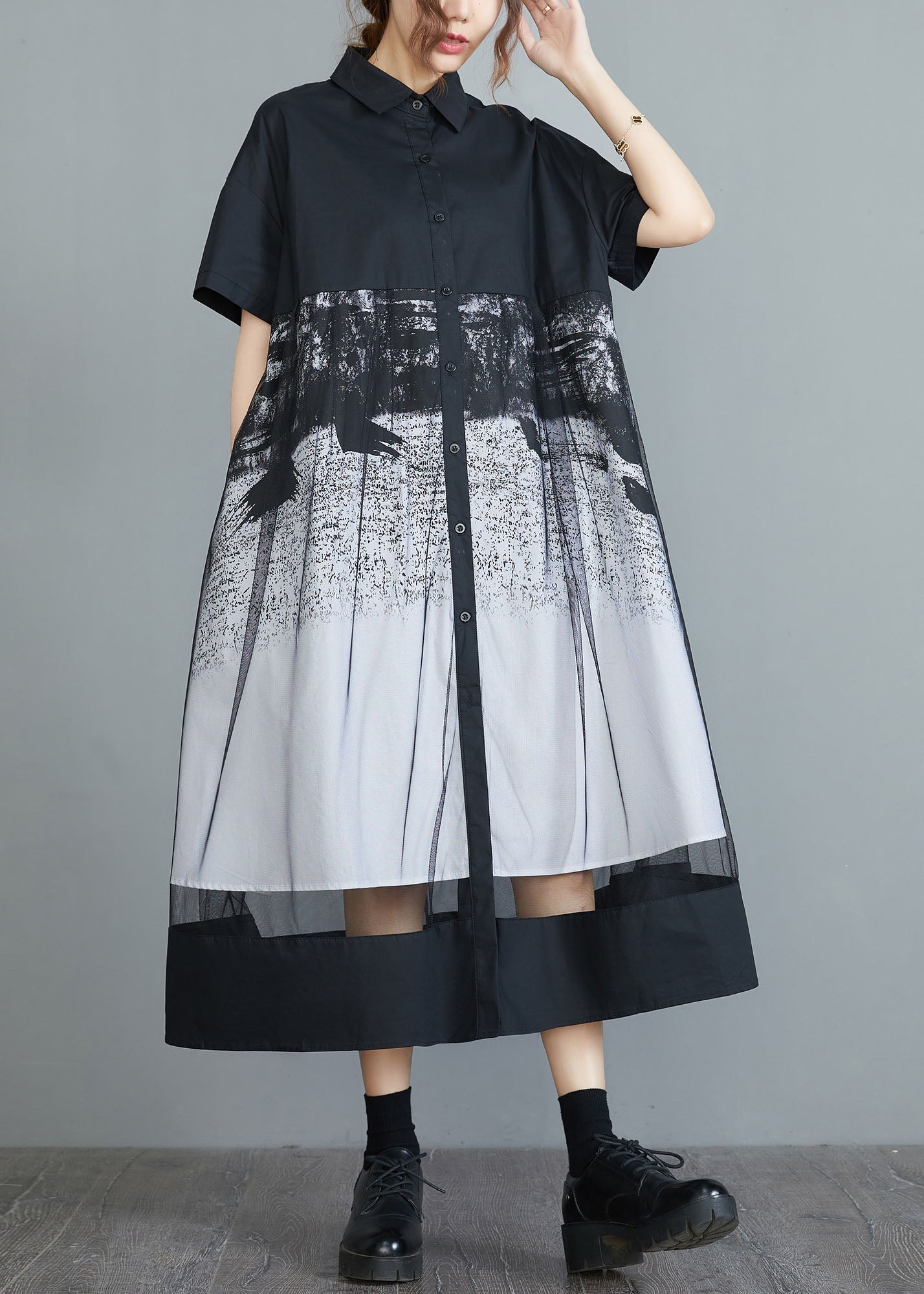 Style Black Peter Pan Collar Tulle Patchwork Cotton Maxi Dresses Short Sleeve