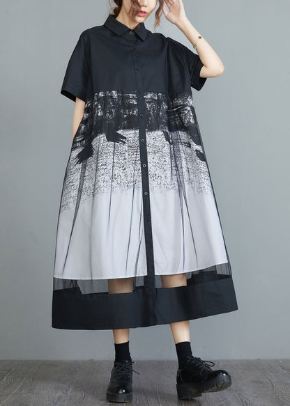 Style Black Peter Pan Collar Tulle Patchwork Cotton Maxi Dresses Short Sleeve